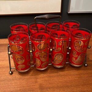 Vintage Culver Red & Gold Paisley Pattern Highball Tumbler Glasses wCarrier